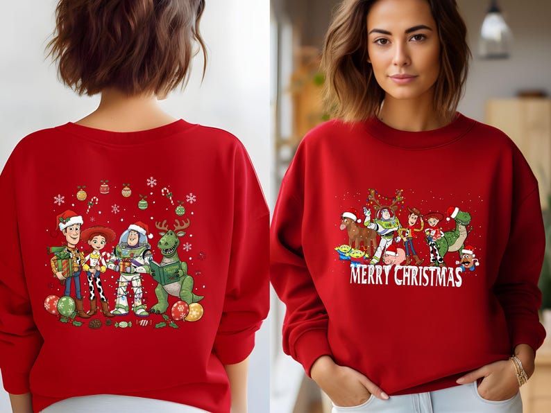 May include: Red sweatshirt featuring a graphic of Toy Story characters in Santa hats with the text "MERRY CHRISTMAS". The design includes Woody, Buzz Lightyear, and Rex. Festive holiday apparel.