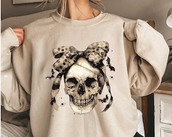 Coquette Bow Halloween Sweater, Halloween Skull Bow Hoodie, Women's Funny Halloween Crewnecks, Halloween Party, Spooky Skeleton Sweaters