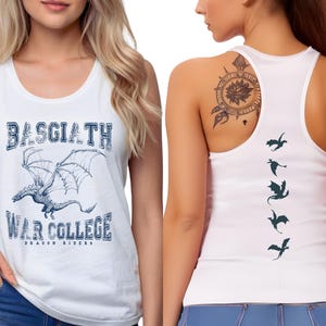 a woman wearing a white tank top with a graphic of a dragon and the text "BASGIATH WAR COLLEGE Dragon Riders" printed on it.