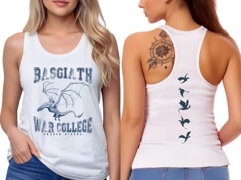a woman wearing a white tank top with a graphic of a dragon and the text "BASGIATH WAR COLLEGE Dragon Riders" printed on it.