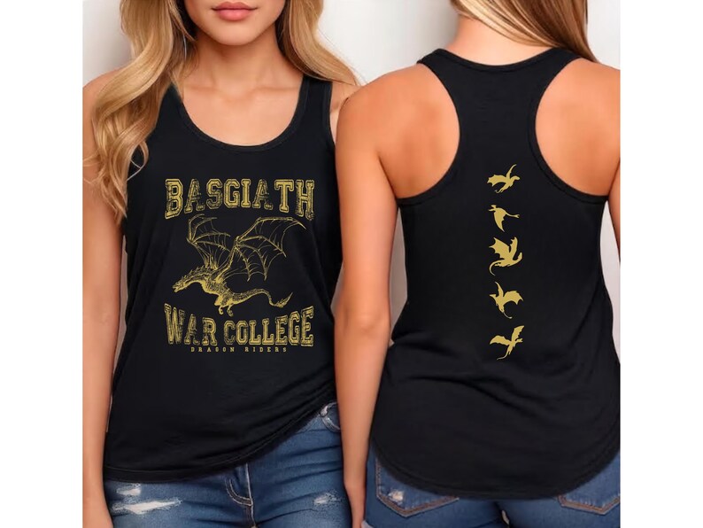 A woman wearing a black tank top with a graphic design featuring a dragon and the text "BASGIATH WAR COLLEGE DRAGON RIDERS".