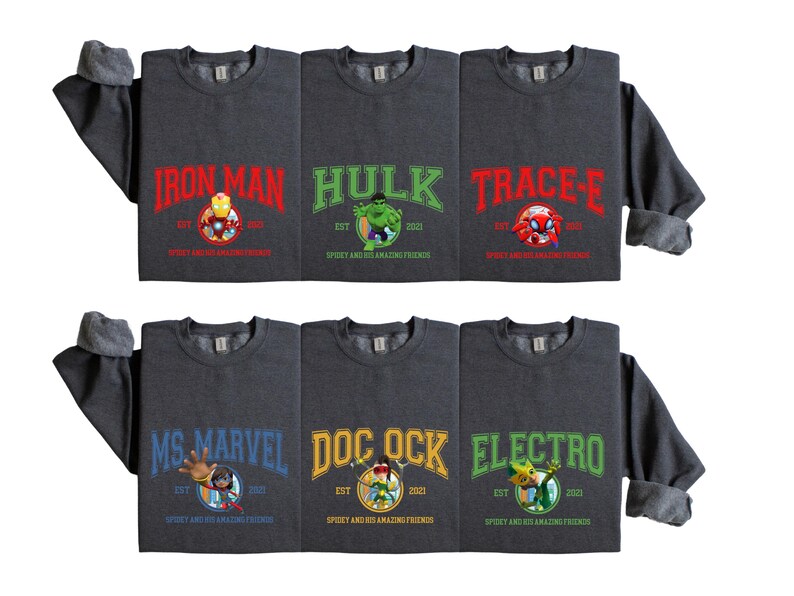 Suéteres a juego para grupos de Spidey y sus increíbles amigos, camisetas de cómics de Disney, sudaderas de fiesta de Spidey, jerseys de cuello redondo de grupo de Spidey de los Vengadores imagen 2