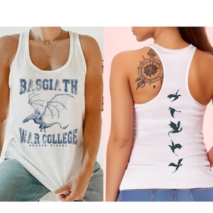 The image is a collage of two photos featuring a woman wearing a white tank top with a dragon design and a white tank top with a tattoo of a dragon on the back.