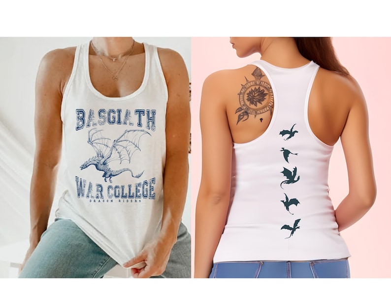 The image is a collage of two photos featuring a woman wearing a white tank top with a dragon design and a white tank top with a tattoo of a dragon on the back.
