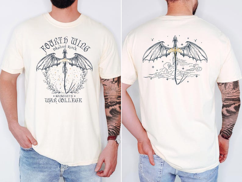 a man wearing a white t-shirt with a graphic design featuring a dragon and text. The design is on the front and back of the t-shirt, and the man has tattoos visible on his arms.