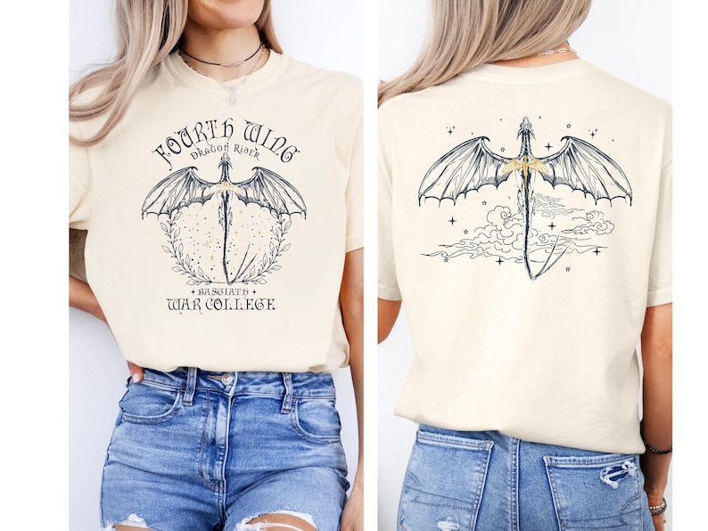 a woman wearing a white t-shirt with a graphic design of a dragon and clouds on the back.