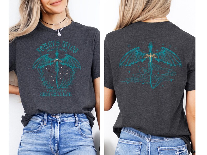 a woman wearing a gray t-shirt with a graphic design on the back. The design includes a dragon and a sword, along with the text "Fourth of July War College".