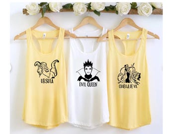 Women's Villains Racerback Tank Tops, Evil Queen Maleficent Ursula Mother Gothel Cruella Queen of Hearts Matching Tanks, Halloween Party Top