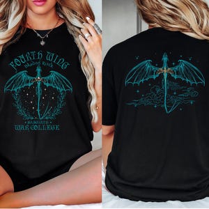 The image is a collage of two photos featuring a woman wearing a black t-shirt with a graphic design of a dragon and stars on the back.