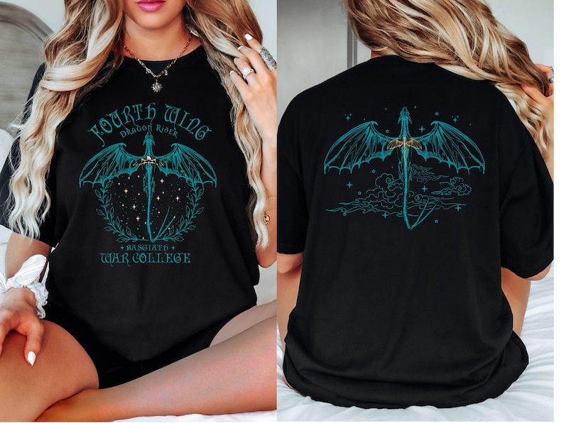 The image is a collage of two photos featuring a woman wearing a black t-shirt with a graphic design of a dragon and stars on the back.