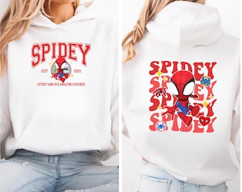 Spidey And His Amazing Friends Sweater, Ghost Spider Hoodie, Disney Comic Shirts, Spidey Birthday Crewneck, Avengers Kids Spidey Sweatshirt