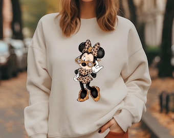 Leopard Minnie Sweater, Cute Minnie Mouse Animal Kingdom Hoodie, Disney Girls Trip Sweater, Birthday Gifts, Kids Crewneck, Safari Sweatshirt