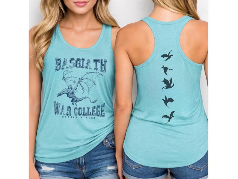 A woman wearing a teal tank top with a graphic of a dragon and the text "BASGIATH WAR COLLEGE DRAGON RIDERS" printed on it.