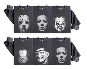 Horror Movie Characters Halloween Sweaters, Matching Murders Halloween Party Hoodies, Myers Chucky Voorhees Freddy Pennywise Group Crewnecks