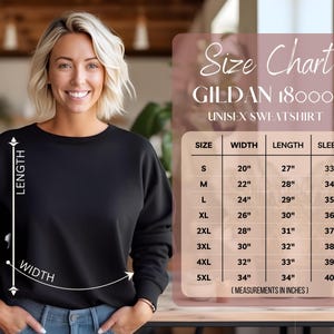 Puede incluir: Tabla de tallas para una sudadera unisex Gildan 18000. La tabla muestra el ancho, la longitud y la longitud de la manga en pulgadas para las tallas S a 5XL.