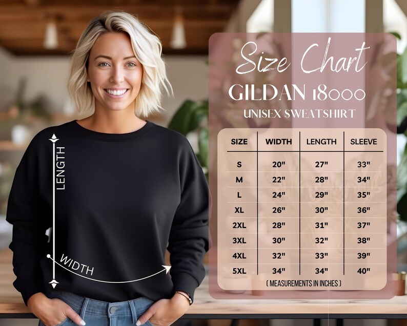 Puede incluir: Tabla de tallas para una sudadera unisex Gildan 18000. La tabla muestra el ancho, la longitud y la longitud de la manga en pulgadas para las tallas S a 5XL.