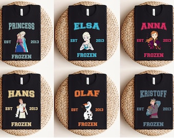 Frozen Varsity T-shirt, Disney Frozen Characters Shirts, Matching Family Trip Tees, Birthday Tees, Princess Elsa Anna Kristof Hans Olaf Tees