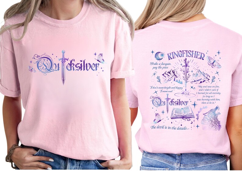 a woman wearing a pink t-shirt with a design and text on it.