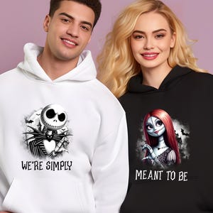 Sally and Jack Skellington Halloween Sweaters, We&#39;re Meant to Be Matching Couple Halloween Hoodies, Horror Movies Lovers, Spooky Vibes