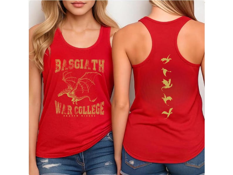 A woman wearing a red tank top with a dragon design and text on it.