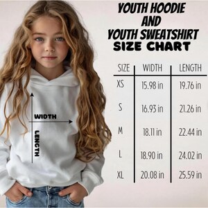 May include: A young person wearing a white hoodie, with a size chart for youth hoodies and sweatshirts. The chart displays sizes XS to XL, with width and length measurements in inches. The text "YOUTH HOODIE AND YOUTH SWEATSHIRT SIZE CHART" is at the top.