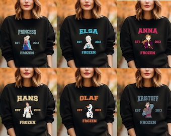 Frozen Varsity Sweaters, Disney Frozen Characters Hoodies, Matching Family Trip Crewnecks, Birthday Princess Elsa Anna Kristof Hans Olaf