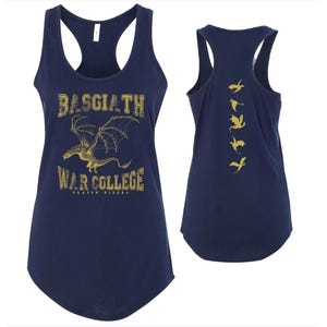 A navy blue tank top with gold text and a graphic of a dragon.