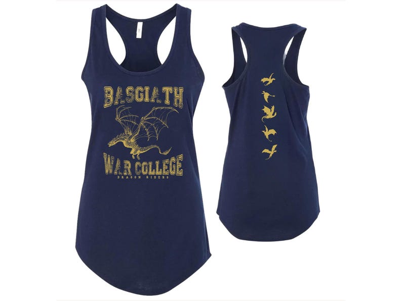 A navy blue tank top with gold text and a graphic of a dragon.