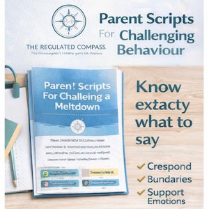 May include: A book titled "Parent Scripts For Challenging Behaviour" with the text "Know exactly what to say". The book has a blue and white cover with the title "Parent Scripts For Challeing a Meltdown". The book is on a wooden surface.