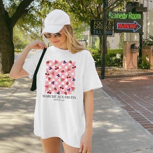 French Fruit T-shirt, Fruit Market, Marche aux Fruits, Summer Picnic Top, Cottagecore, Coquette, Cherry, Strawberries, Cute Gingham Graphic