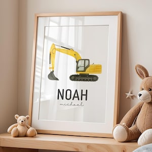 Personalized Excavator Wall Art, Custom Construction Truck Nursery Print, Boys Room Decor, Digger Playroom Name Sign Printable Digital Print