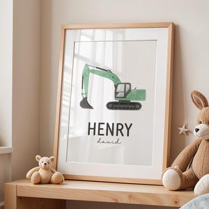 Personalized Excavator Wall Art, Custom Construction Truck Nursery Print, Boys Room Decor, Digger Playroom Name Sign Printable Digital Print