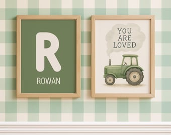 Personalized Tractor Wall Art Set, Custom Name Print, Farm Nursery Decor, You Are Loved, Toddler Room Art, Green Boys Room Digital Download
