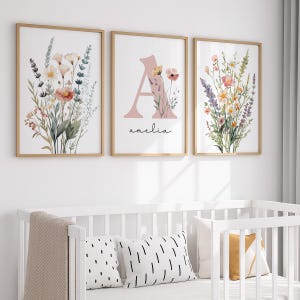 Anpassade vildblomstryck, väggkonst med blommigt barnrum, väggkonst med bohemisk flickmotiv, akvarellblommor, personlig namnskylt, utskrivbar