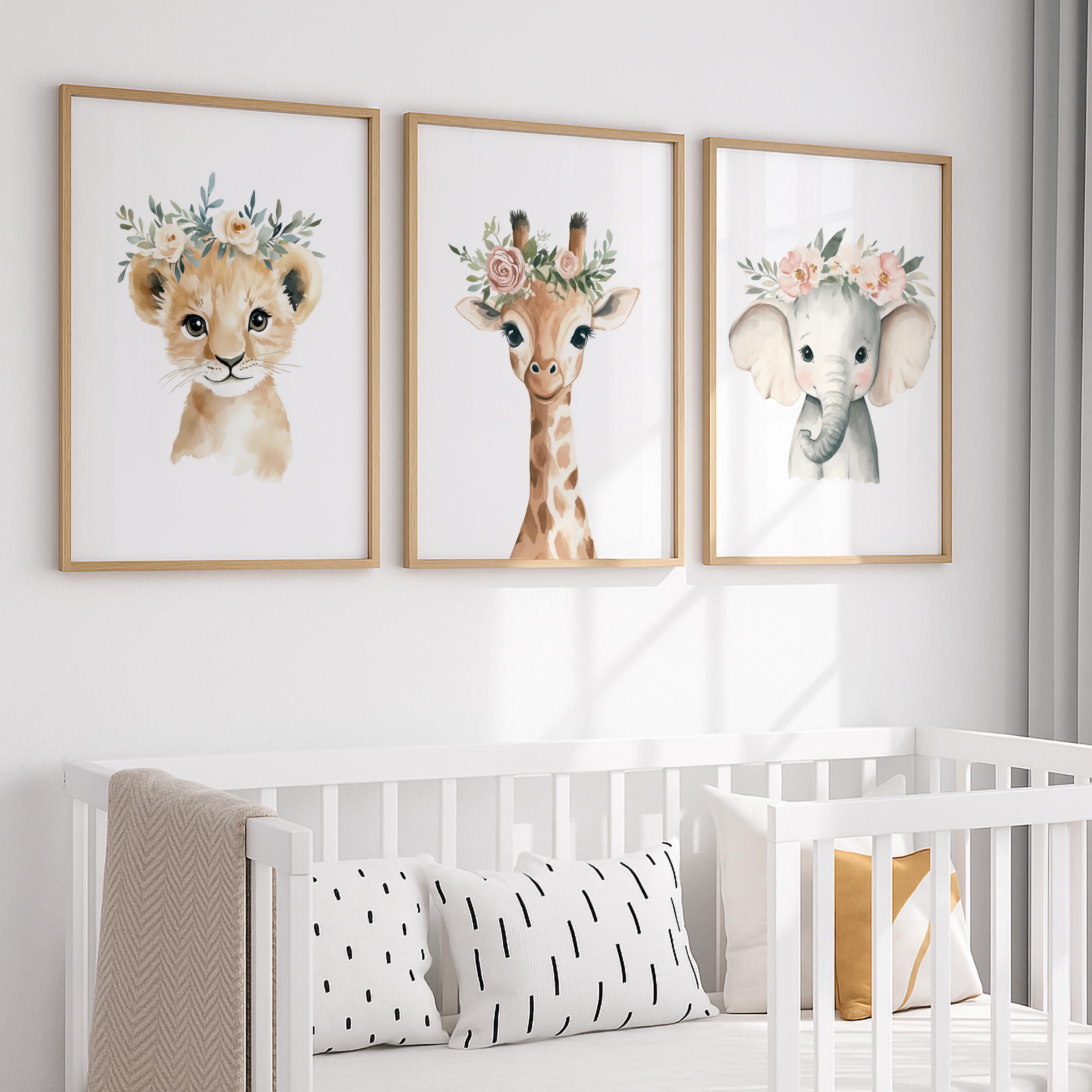 Safari Animal Nursery Prints, Set of 6, Safari Jungle Wall Art Floral ...