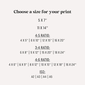 Puede incluir: Una impresi&oacute;n color crema con el texto "Elige un tama&ntilde;o para tu impresi&oacute;n". Enumera varios tama&ntilde;os de impresi&oacute;n, incluyendo 12,7 x 17,8 cm, 27,9 x 35,6 cm, y tama&ntilde;os basados en proporciones como 4:5, 3:4, 4:6 y est&aacute;ndares ISO.