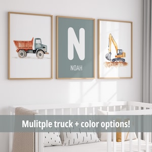 Set of 3 Construction Nursery Wall Art Prints Decor Digger Bulldozer Custom Toddler Boy Bedroom Personalized Name Nursery Decor Child Kids