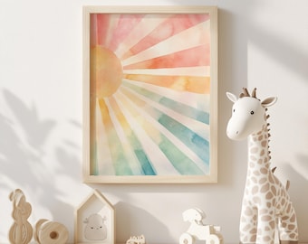 Watercolor Rainbow Sun Nursery Print | Watercolor Sunrise | Boho Nursery Wall Decor | Digital Download | Printable Wall Art | Kids Room