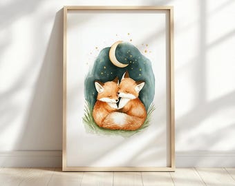 Fox Nursery Print – Watercolor Woodland Baby Animal Wall Art – Boho Nursery Moon & Stars Baby Room Decor – Digital Download – Gender Neutral