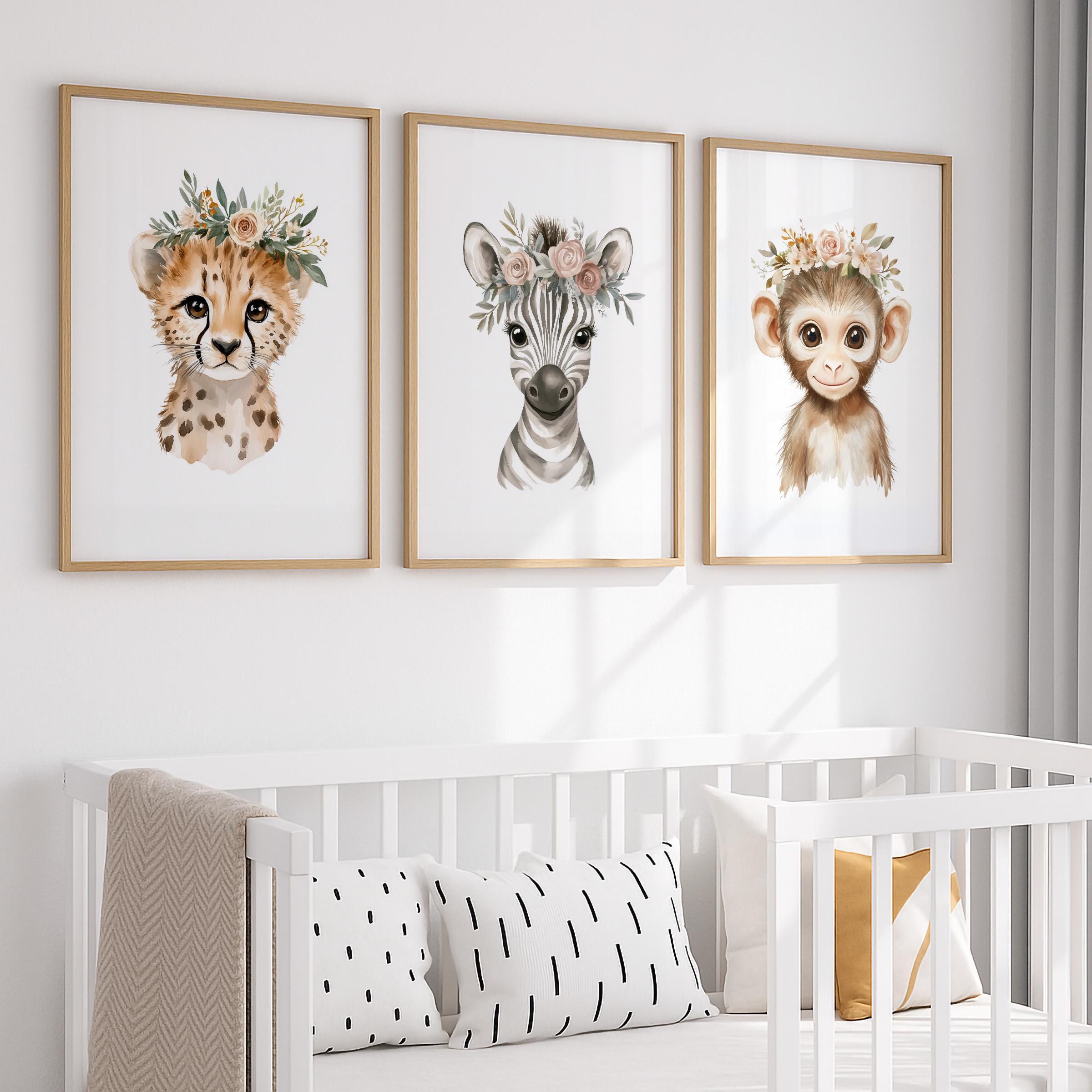 Safari Animal Nursery Wall Art Set of 6, Baby Girl Nursery Decor ...