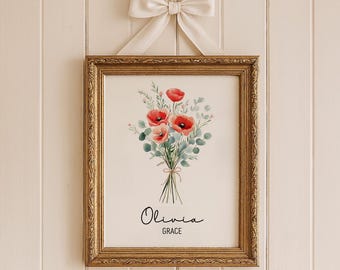 Personalized Poppy Nursery Print: August Birth Flower, Custom Baby Name (Digital Download)