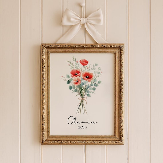 Personalized Poppy Nursery Print: August Birth Flower, Custom Baby Name (Digital Download)