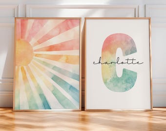 Personalized Baby Name Print Set, Custom Name Nursery Wall Art, Rainbow Sunshine Watercolor Decor Boho Girls Room Printable Digital Download