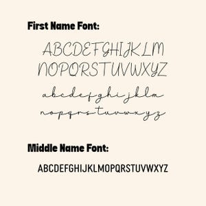 May include: A beige background displays font samples for first and middle names. The "First Name Font" section shows uppercase and lowercase cursive alphabets. The "Middle Name Font" section shows a single uppercase alphabet in a simple, clean style.