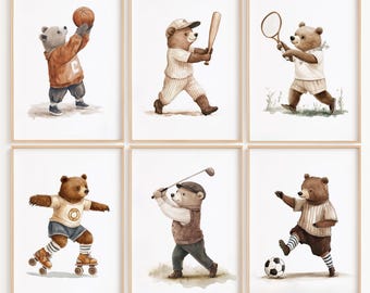 Printable Sports Teddy Bear Nursery Wall Art, Set of 6 Vintage Watercolor Animal Prints, Boys Room Decor, Baby Shower Gift, Digital Download