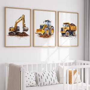 Construction Truck Kids Room Art, Watercolor Dump Truck Excavator Front Loader Wall Art, Boys Room Decor, Toddler Playroom Digital Download