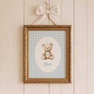 Personalized Bear Nursery Print – Custom Baby Name Wall Art – Neutral Teddy Bear – Vintage Blue Gingham Baby Room Decor – Printable Download
