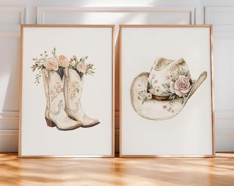 Cowgirl Wall Art Set, Western Nursery Prints, Vintage Cowgirl Boots Hat Decor, Rustic Girls Room Art, Boho Baby Shower, Digital Download