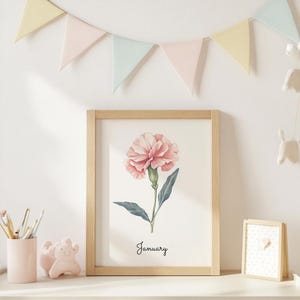 January Birth Flower Print, Watercolor Carnation Art, Minimalist Floral Nursery Decor, Girls Pink Printable Wall Art Flower Digital Download