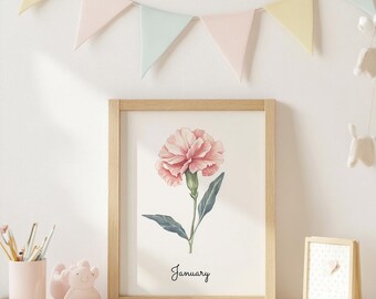 Impresión de flores de nacimiento de enero, arte de clavel en acuarela, decoración floral minimalista para guardería, arte de pared imprimible rosa para niñas, descarga digital de flores